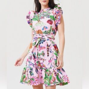 Banjanan Pink Floral Print Ruffle Sleeve Dress